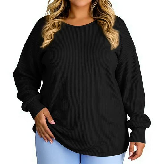 Kixjoy Womens Long Sleeve Tops Plus Size Fashion Crewneck Sweatshirt Plain Lightweight Loose Fit Tops Casual Winter Outfit for Women, Black, 2XL