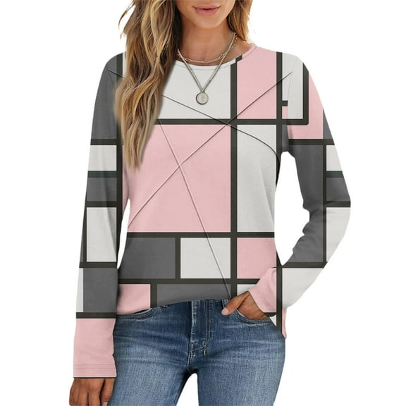 Kixjoy Womens Long Sleeve Tops Striped Pleated Oversized Crew Neck Tees Casual Geometric Print Long Sleeve Tshirts Dressy Loose Fit Fall Outfits, Pink S