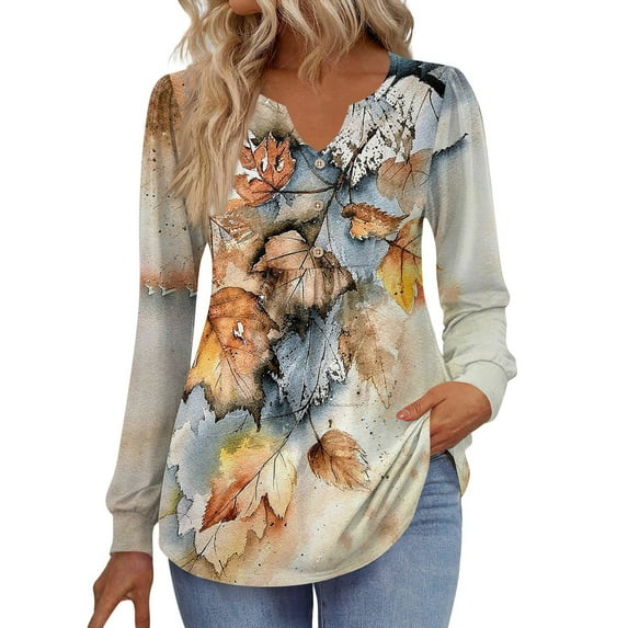 Kixjoy Womens Long Sleeve Tops V Neck Plus Size Button Down Shirts Casual Fall Lightweight Tunic Top Trendy Travel Floral Print Outfits for Women, Khaki L