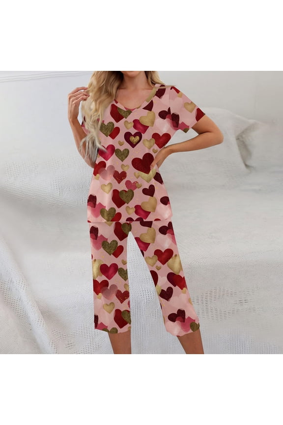 Womens Lounge Set Tops and Capris Short Sleeve Lounge Summer Sweatsuits Classic Valentines Loose Fit Sweatsuits for Women with Pockets, Vermilion XL