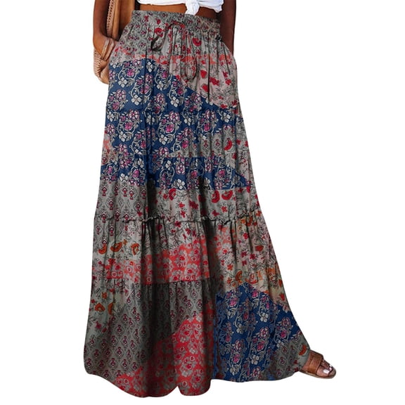 Kixjoy Womens Maxi Skirt Festival High Waisted Maxi Skirt Floral Trendy A-Line Tiered Skirt Elastic Drawstring Soft Casual Womens Western Clothing, Blue L