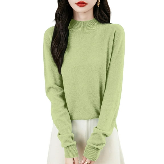 Kixjoy Womens Mock Turtleneck Sweaters Long Sleeve Fleece Knit Sweaters Basic Lightweight Warm Fall Top Casual Soft Loose Fit Blouses for Women, Light Green M