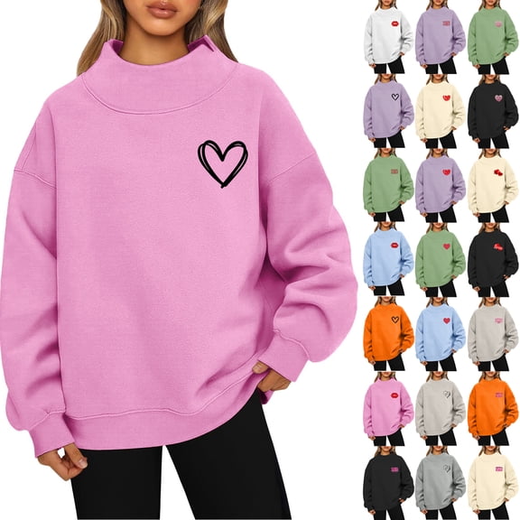 Kixjoy Womens Mockneck Sweatshirt Oversized Long Sleeve Love Heart Pullover Lightweight Fashion Winter Sweatshirt Casual Soft Loose Fit Women's Clothing, Pink XXL