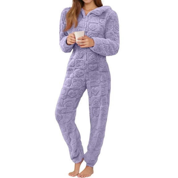Kixjoy Womens Onesie Pajamas Long Sleeve Zip Up Fleece Pajama Fuzzy Fall Hooded Jumpsuit Fashion Soild Warm Womens Jumpsuit, Purple L