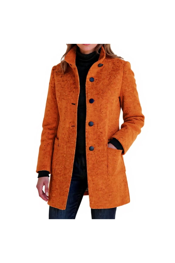 Womens Pea Coat Oversized Button Down Fall Peacoat Long Sleeve Notched Collar Wool Jackets Warm Casual Soild Jackets for Women with Pockets, Saffron L