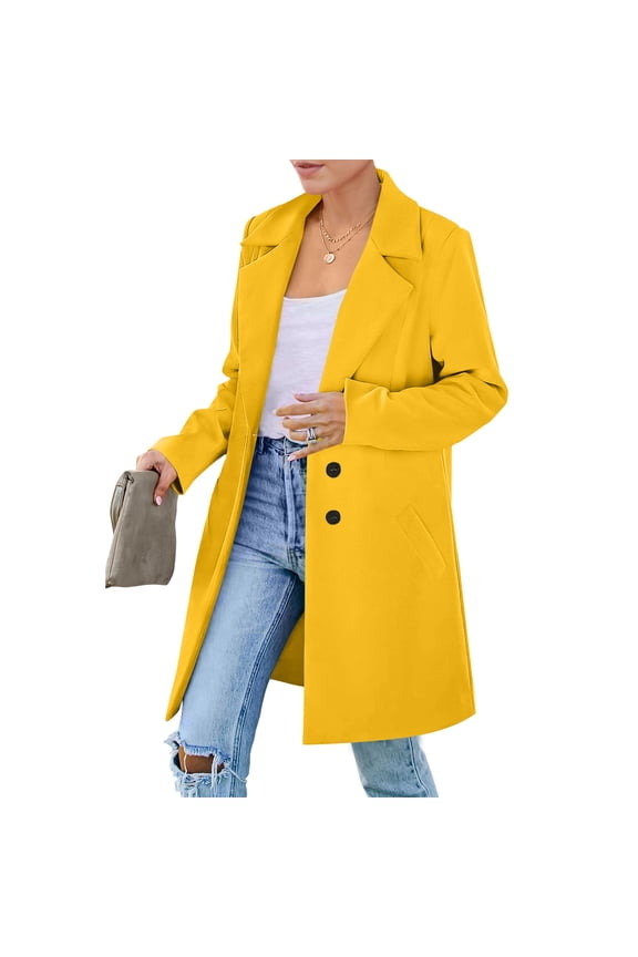 Womens Peacoat Jacket Button Down Plus Size Wool Jacket Notched Collar Long Sleeve Winter Peacoat Basic Warm Casual Windbreaker Jackets for Women with Pockets, Yellow 2XL