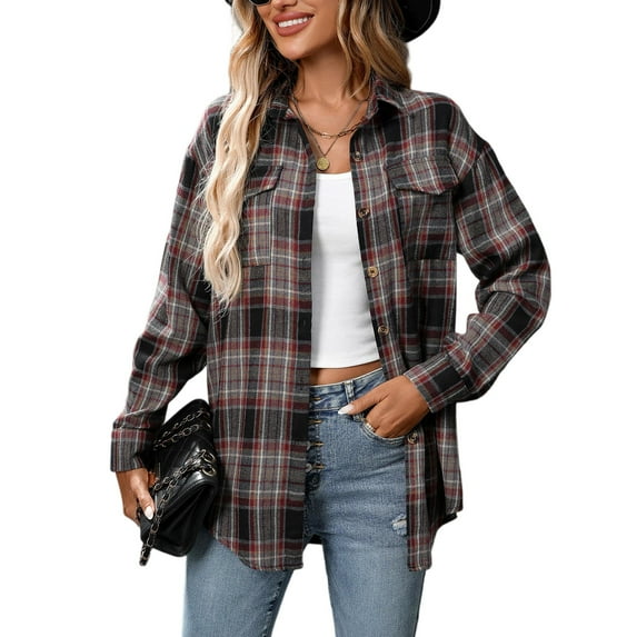 Kixjoy Womens Plaid Shirt Button Down Long Sleeve Flannel Shirt Winter Fashion Plus Size Tops Lightweight Casual Fall Tops for Women 2025 with Pockets, Khaki M