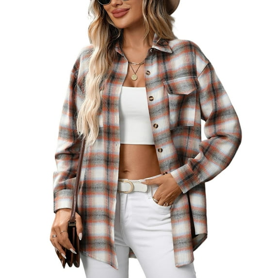 Kixjoy Womens Plaid Shirt Long Sleeve Button Down Flannel Shirt Oversized Fashion Fall Tops Casual Lightweight Womens Blouses with Pockets, Orange XL
