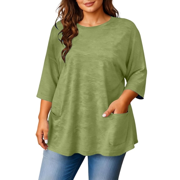 Kixjoy Womens Plus Size Tops 3/4 Sleeve Crew Neck Baggy Shirts Basic Wear with Leggings Casual Tunic Tops Fashion Business Summer Blouses for Women, Green 4XL