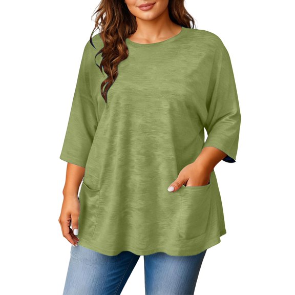 Kixjoy Womens Plus Size Tops 3/4 Sleeve Crew Neck Loose Fit Shirt Soild Wear with Leggings Fashion Blouse Casual Work Summer Outfits for Women, Green L