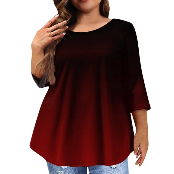 Kixjoy Womens Plus Size Tops 3/4 Sleeve Crew Neck Loose Fit Shirts Gradient Wear with Leggings Fashion Blouse Casual Work Fall Womens Clothes, Wine 3XL