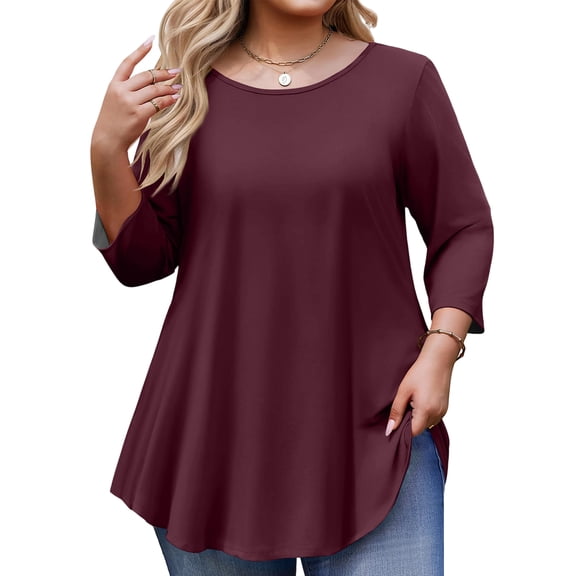 Kixjoy Womens Plus Size Tops Casual 3/4 Sleeve Loose Fit Shirt Basic Wear with Leggings Crew Neck Top Fashion Work Summer Womens Clothes, Wine 5XL