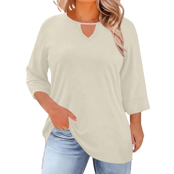 Kixjoy Womens Plus Size Tops Fashion 3/4 Sleeve Loose Fit Shirt Basic Hollow Crew Neck Top Casual Business Summer Outfits for Women, Beige XL