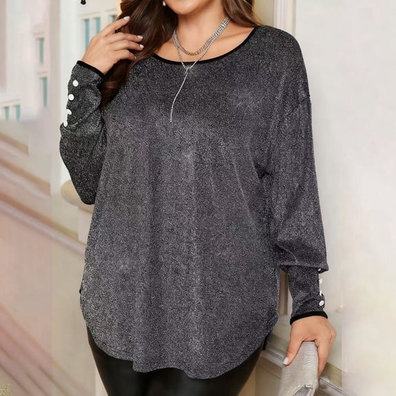Kixjoy Womens Plus Size Tops Long Sleeve Casual Crewneck Sweatshirt Lightweight Plain Loose Fit Tops Fashion Winter Blouses for Women, Gray L