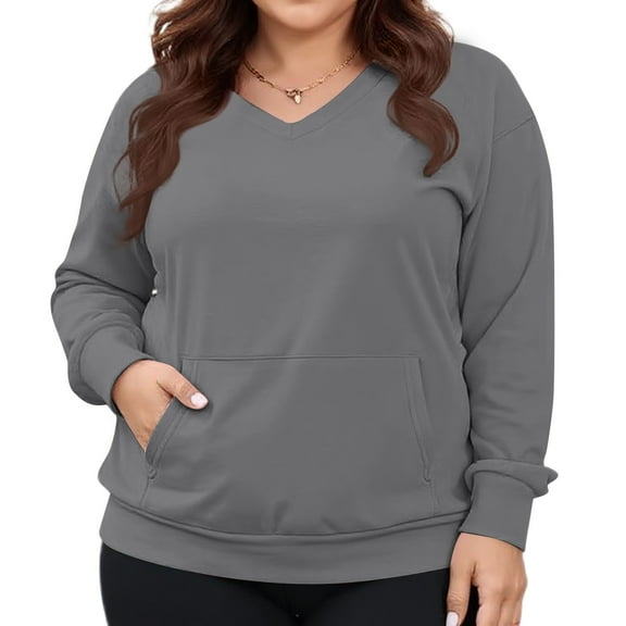 Kixjoy Womens Plus Size Tops Long Sleeve Casual V Neck Sweatshirts Lightweight Plain Loose Fit Shirts Fashion Fall Sweatshirt for Women, Gray, S