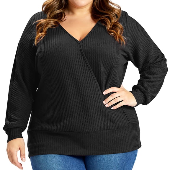 Kixjoy Womens Plus Size Tops Long Sleeve Casual V Neck Waffle Knit Sweater Lightweight Plain Loose Fit Tops Fashion Winter Womens Tops, Black, XL