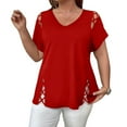 thumbnail image 1 of Kixjoy Womens Plus Size Tops Short Sleeve V Neck Loose Fit Shirts Basic Hollow Fashion Top Casual Work Summer Blouses for Women, Red 2XL, 1 of 3
