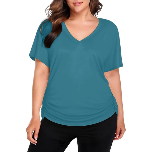 Kixjoy Womens Plus Size Tops Short Sleeve V Neck Loose Fit Shirts Soild Wear with Leggings Casual Top Fashion Business Fall Blouses for Women, Blue L