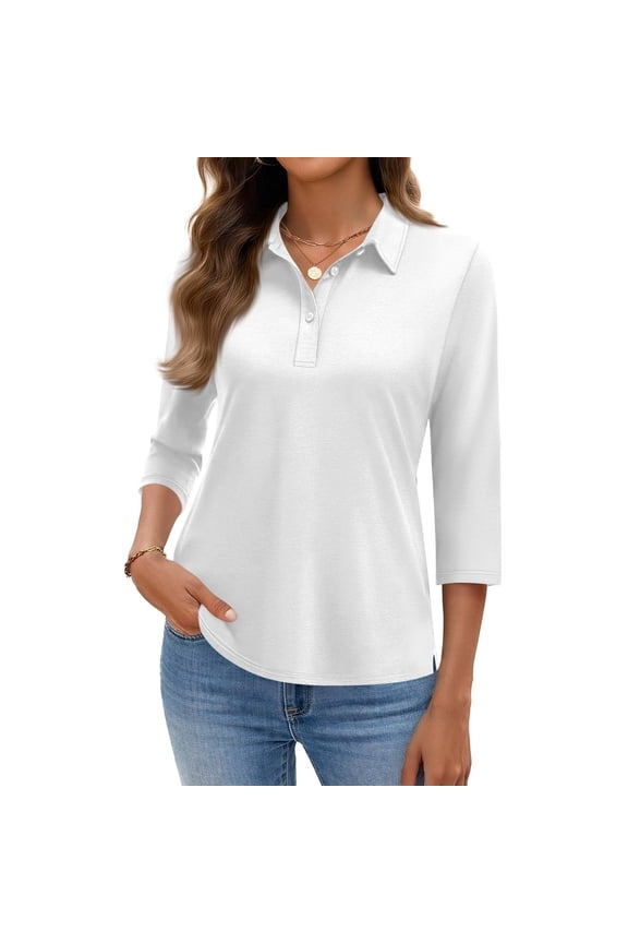 Womens Polo Shirts 3/4 Sleeve Lounge Button Down Collared Shirt Fashion Work Soild Polo Shirts Soft Lightweight Summer Women's Clothing, White S
