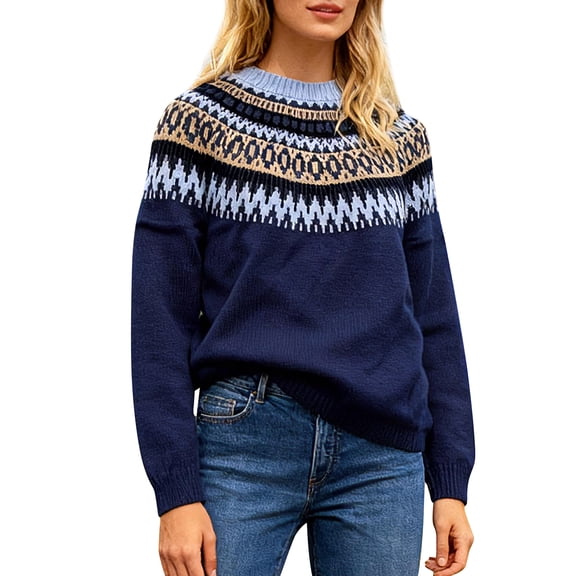 Kixjoy Womens Pullover Sweater Oversized Lightweight Crewneck Knitted Sweater Long Sleeve Fair Isle Vintage Regular Fit Pullover Fashion Fall Cozy Womens Sweater, Navy S