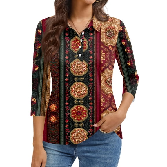 Kixjoy Womens Red 3/4 Sleeve Tops Button Down Casual V Neck Sweatshirts Floral Print Plus Size Loose Fit Tops Fashion Winter Clothing for Women, Red XL