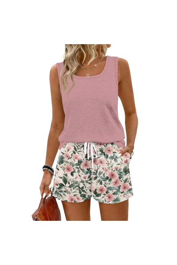 Womens Short Sets 2 Piece Outfits Casual Sleeveless Square Neck Tank Top and Shorts Set Plus Size Trendy Beach Women's Clothing, Wine M