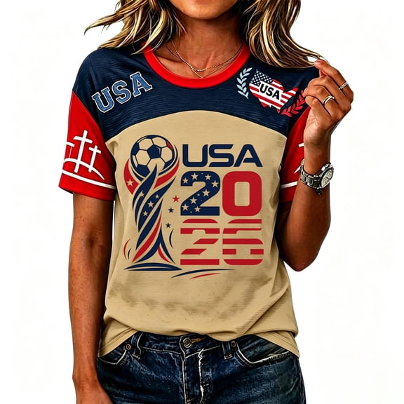 Kixjoy Womens Soccer Jersey Crew Neck Short Sleeve USA Flag Graphic Country Pride Match Day National Supporter Shirts, Khaki S