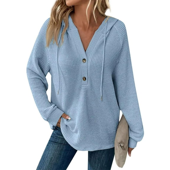 Kixjoy Womens Waffle Knit Top Long Sleeve Plus Size Button Down Hoodie Fashion Winter Drawstring Henley Sweatshirt Soild Lightweight Baggy Blouses for Women, Sky Blue 2XL