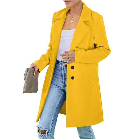 Kixjoy Yellow Trench Coat Women Oversized Button Down Winter Overcoat Long Sleeve Notched Collar Fleece Jacket Thermal Fashion Soild Jackets for Women with Pockets, Yellow S