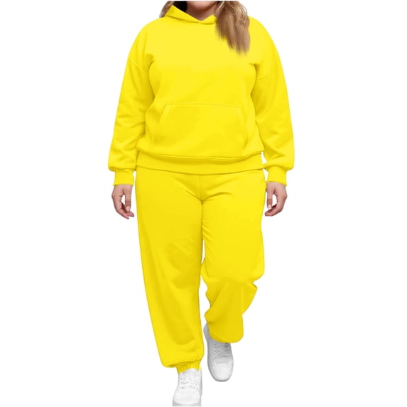 Kixjoy Yellow Women Sweatsuits Sets Casual Plus Size Drawstring Hoodie Sweatpant 2 Piece Set Athletic Fall Fleece Women's Sweatsuits Gym Jogging Women's Tracksuits with Pockets, Yellow M