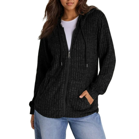 Kixjoy Zip Up Hoodie Women Long Sleeve Casual Plus Size Hoodie Winter Lightweight Hooded Sweatshirt Fashion Soild Loose Fit Sweaters for Women with Pockets, Black XXL