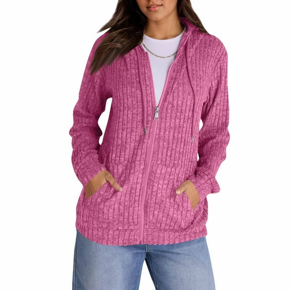 Kixjoy Zip Up Sweaters for Women Long Sleeve Fashion Plus Size Hoodie Winter Lightweight Hooded Sweatshirts Casual Basic Loose Fit Pullover Sweaters for Women with Pockets, Hot Pink XXL