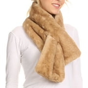 Kiy Loophole Faux Fur Long Soft Warm Comfortable Textured Bow Scarf - Khaki - OS