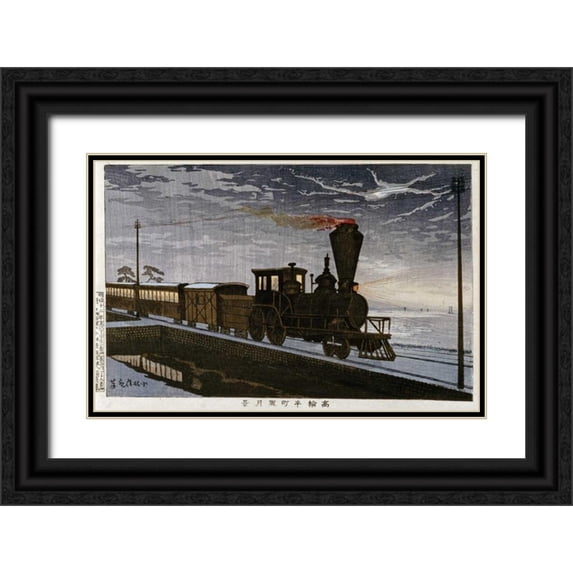 Kiyochika, Kobayashi 14x11 Black Ornate Wood Framed with Double Matting Museum Art Print Titled - A Steam Locomotive In Hazy Moonlight