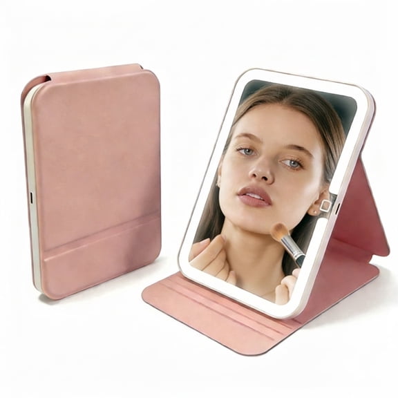 Kiyuycy LED Makeup Mirror, Foldable Travel Vanity Mirror, 3 Color Lights Touch Control, Adjustable Brightness, USB Rechargeable Cosmetic Mirror for Desktop