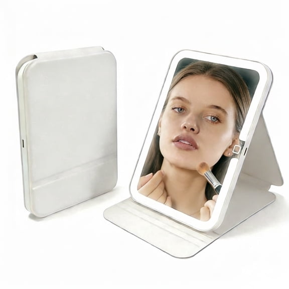 Kiyuycy LED Makeup Mirror, Foldable Travel Vanity Mirror, 3 Color Lights Touch Control, Adjustable Brightness, USB Rechargeable Cosmetic Mirror for Desktop