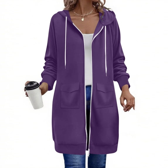 Kizanda Long Hoodies for Women, Zip up Double Zipper Fleece Jackets, Tunic Sweatshirts Fall Winter Fashion Blouses M