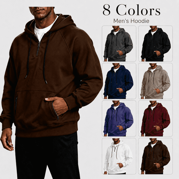 Kizanda Men Quarter Zip Hoodie Sweatshirt Adjustable Hood Baggy Pullover Streetwear Fashion Outerwear with Zipper Pocket Fall Winter Stylish Long Sleeve Casual Top for Men L
