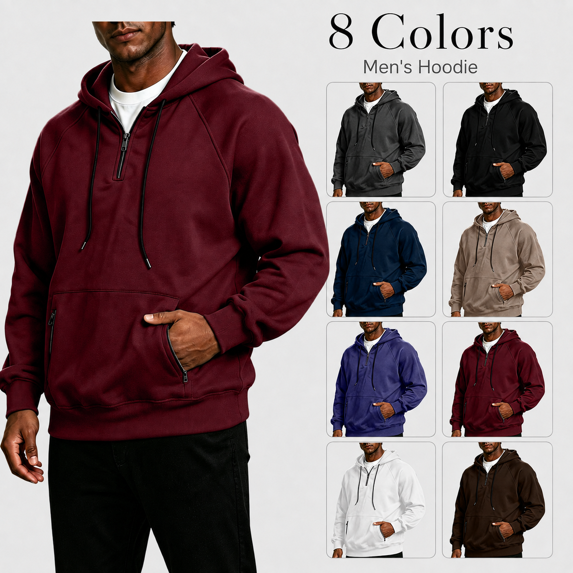 Kizanda Men Quarter Zip Hoodie Sweatshirt Adjustable Hood Baggy Pullover Streetwear Fashion Outerwear with Zipper Pocket Fall Winter Stylish Long Sleeve Casual Top for Men 3XL