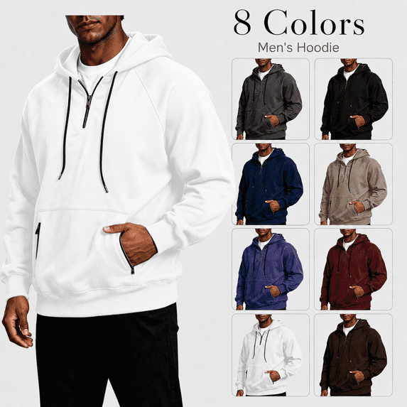 Kizanda Men Quarter Zip Hoodie Sweatshirt Adjustable Hood Baggy Pullover Streetwear Fashion Outerwear with Zipper Pocket Fall Winter Stylish Long Sleeve Casual Top for Men M