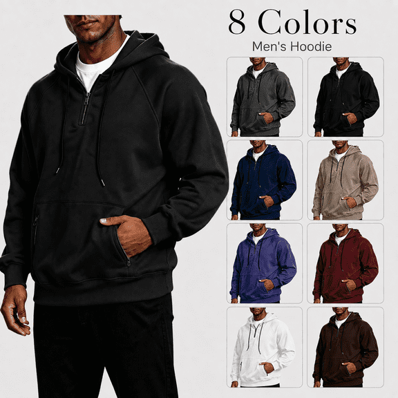 Kizanda Men Quarter Zip Hoodie Sweatshirt Adjustable Hood Baggy Pullover Streetwear Fashion Outerwear with Zipper Pocket Fall Winter Stylish Long Sleeve Casual Top for Men XXL