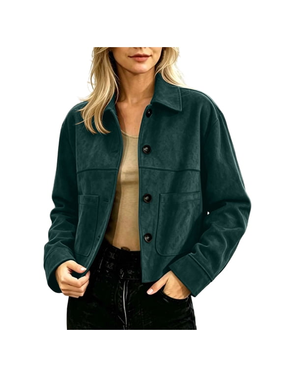 Women Collared Button down Jacket Cropped Raglan Sleeve Vintage Fashion Turn down Collar Outerwear Top with Pockets Outdoor Street Fall Winter Crop Coat L