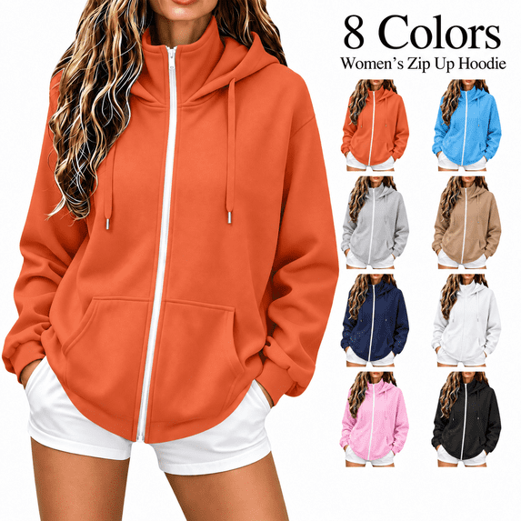 Kizanda Women Full Zip Hoodie Sweatshirt with Pockets Fleece Drawstring Slim Fashion Casual Jacket Coat Fall Winter Long Sleeve Zip up Hooded Workout Daily Blouse 3XL
