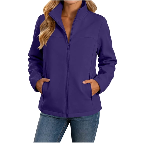 Kizanda Women Full Zip Outdoor Jacket with Zipper Pockets Stand Collar No Hood Outdoor Hiking Long Sleeve Blouse Fall Winter Mock Neck Casual Outerwear Top M