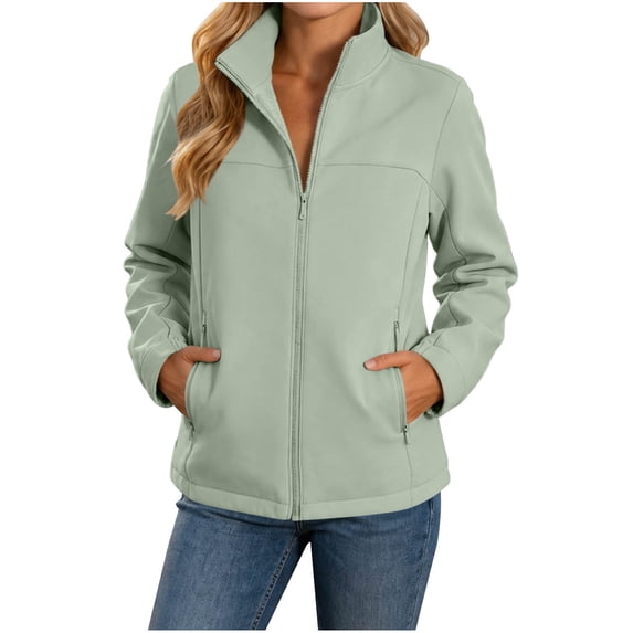 Kizanda Women Full Zip Outdoor Jacket with Zipper Pockets Stand Collar No Hood Outdoor Hiking Long Sleeve Blouse Fall Winter Mock Neck Casual Outerwear Top XXL