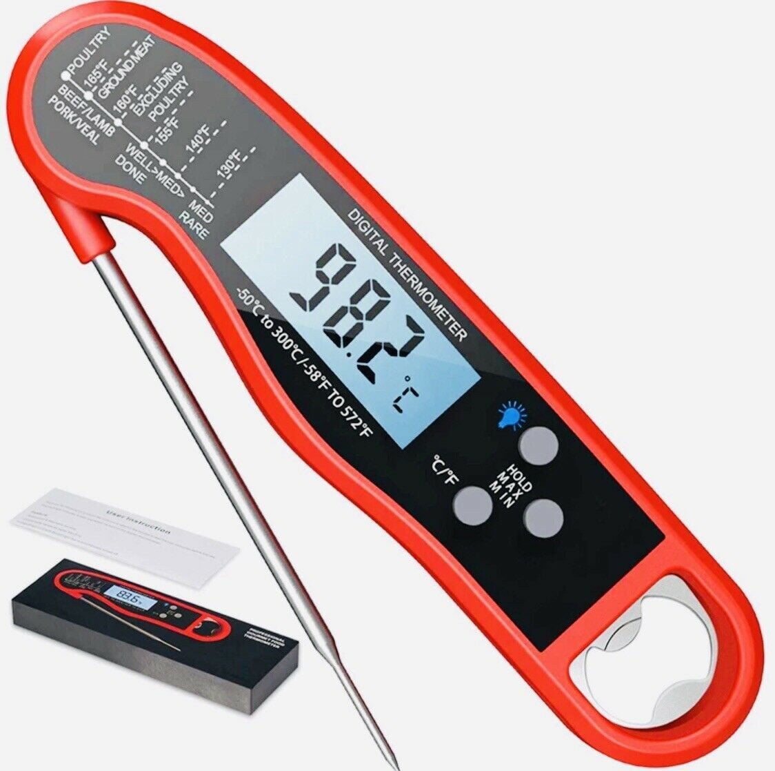 Kizen iP100 Instant Read Meat Thermometer - Waterproof Ambidextrous Thermometer with Backlight & Calibration Digital Food Thermometer for Kitchen