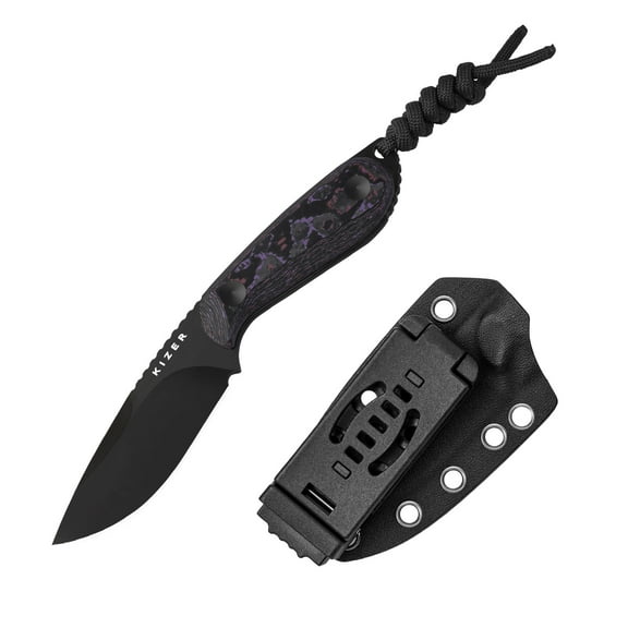 Kizer Buddy Fixed Knife Compact 4V Steel Blade Fat Carbon Purple Haze Handle With Sheath, 1081A10