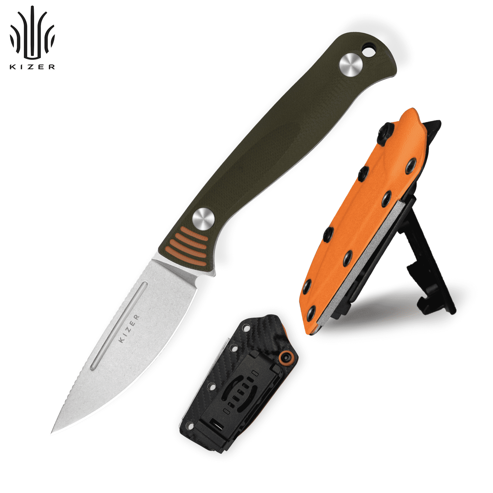 Kizer Ewanki 1 Fixed Knife AEB-L Drop Point Blade  Orange & Green G10 Handle With Sheath 1097A1