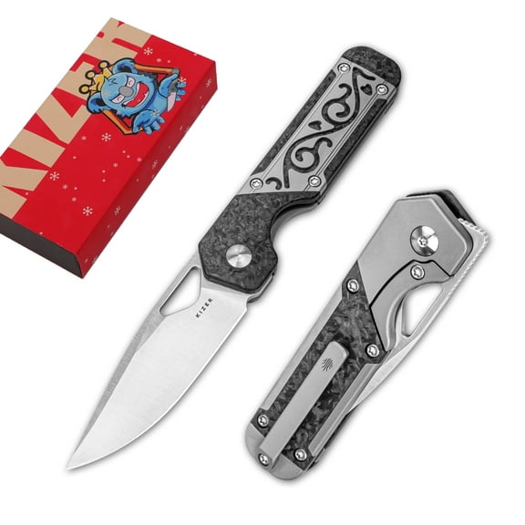 Kizer Pocket Folding Knife Mini Militaw, S45VN Steel Titanium+Carbon Fiber Handle Pocket Knife, Ki3634SA4