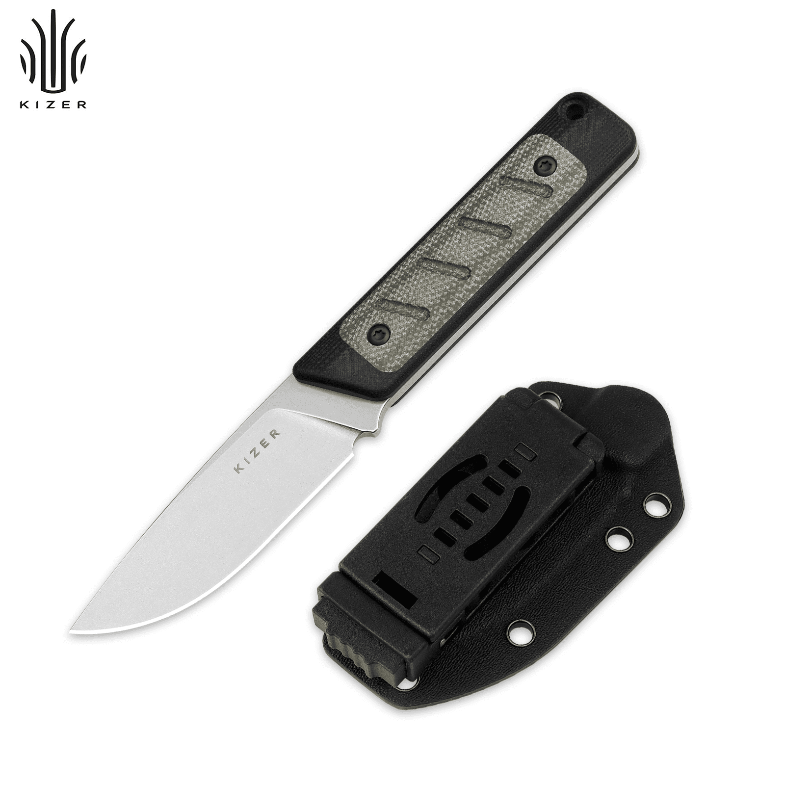 Kizer Smolt Fixed Blade with Kydex Sheath 1063A6 , 2.93" 14C28N Blade G10 + Micarta Handle Drop point EDC  Pocket Knife, Black & Green